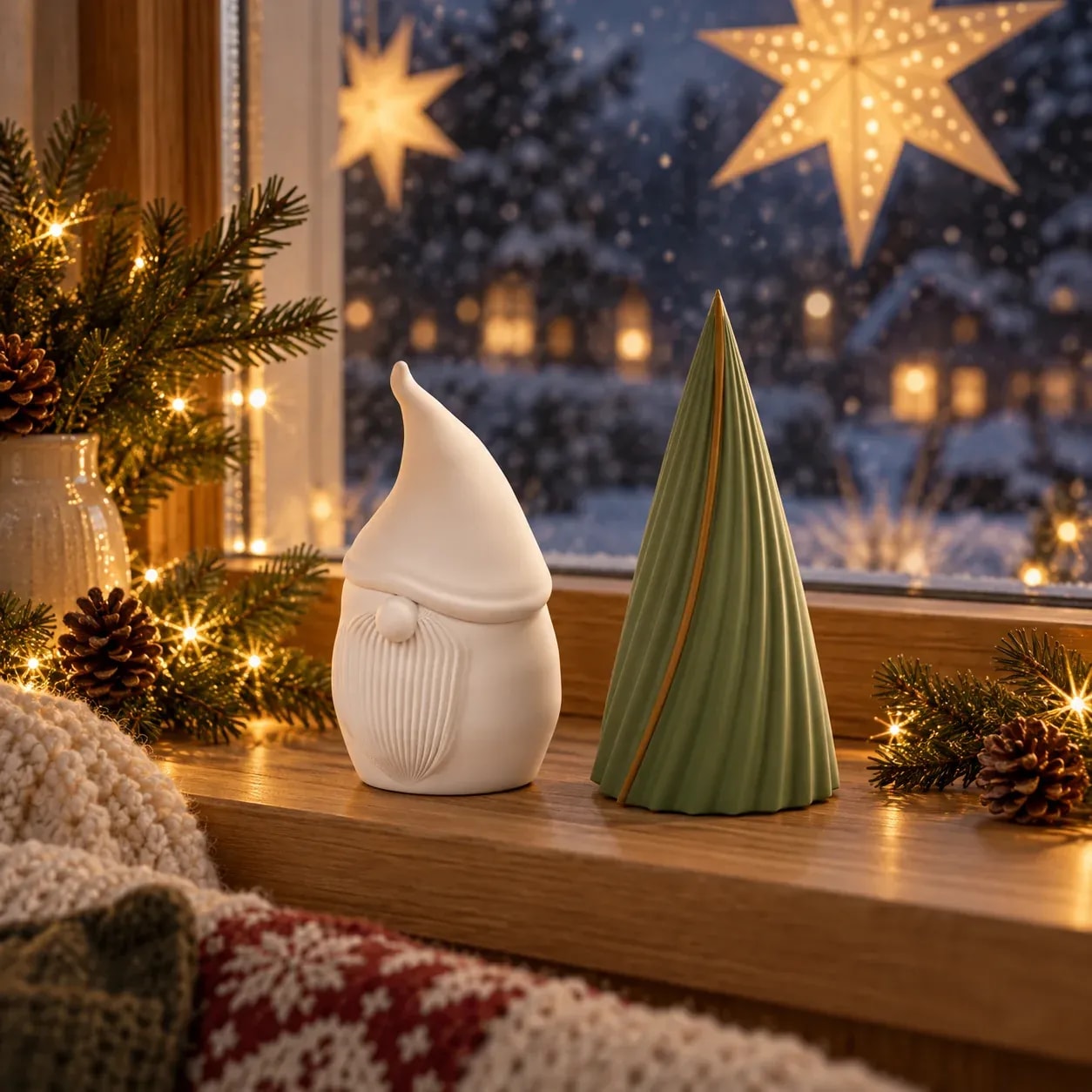 NORD und ein grüner HAIN-Tannenbaum auf der Fensterbank, draussen ein verschneites Dorf