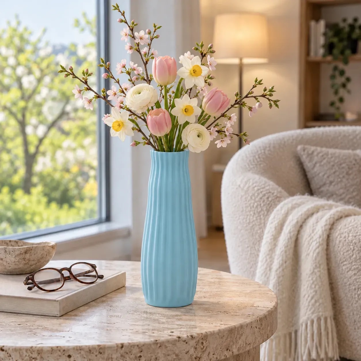 Vase VELORA LINA in Hellblau mit Tulpen, Narzissen und Blütenzweigen auf einem Steintisch am Fenster