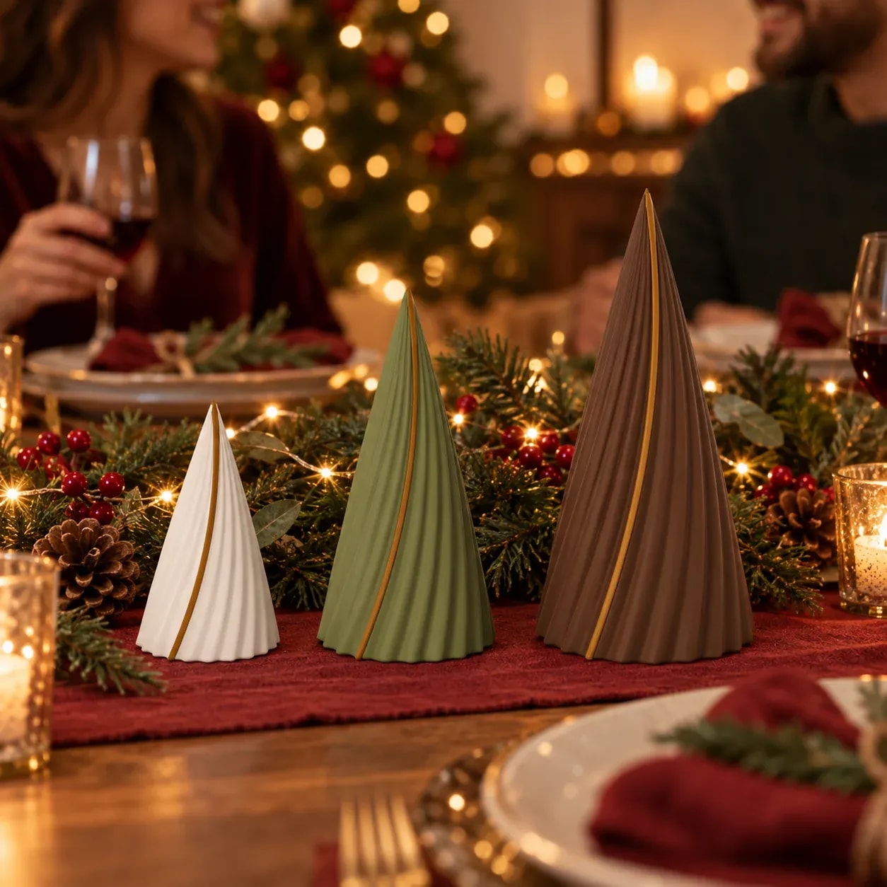 Drei HAIN-Tannenbäume in Weiss, Grün und Braun auf einer festlich gedeckten Tafel zwischen Tannenzweigen und Lichterketten