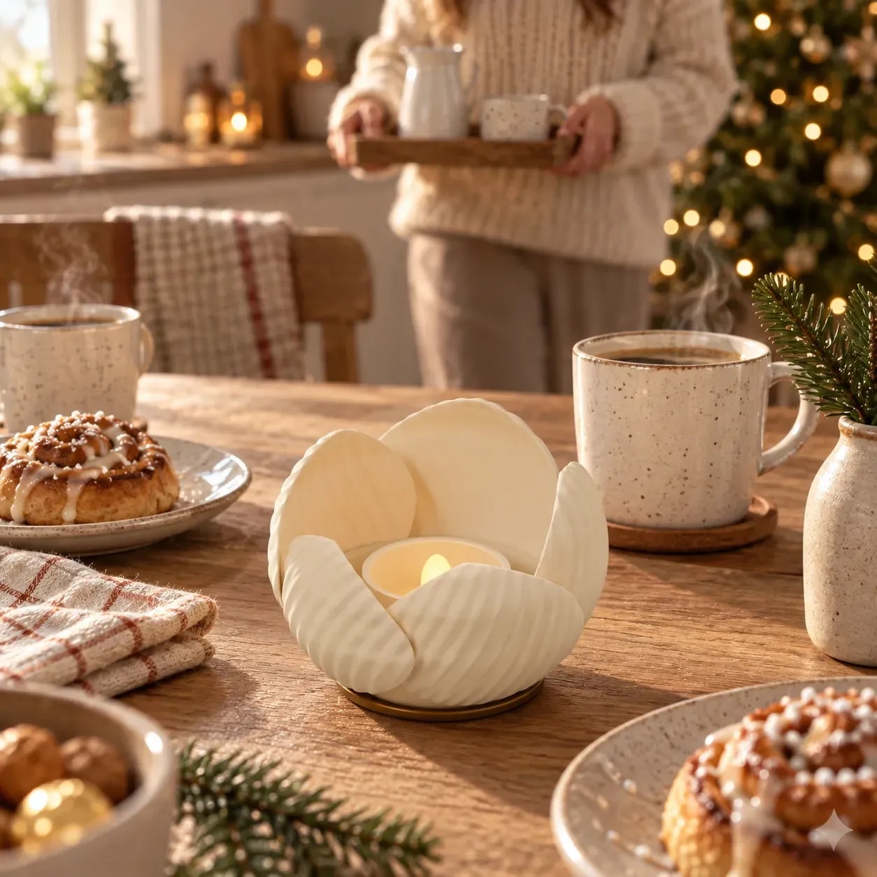 LUMO in Creme mit LED-Teelicht auf dem Frühstückstisch neben Tassen und Zimtschnecken