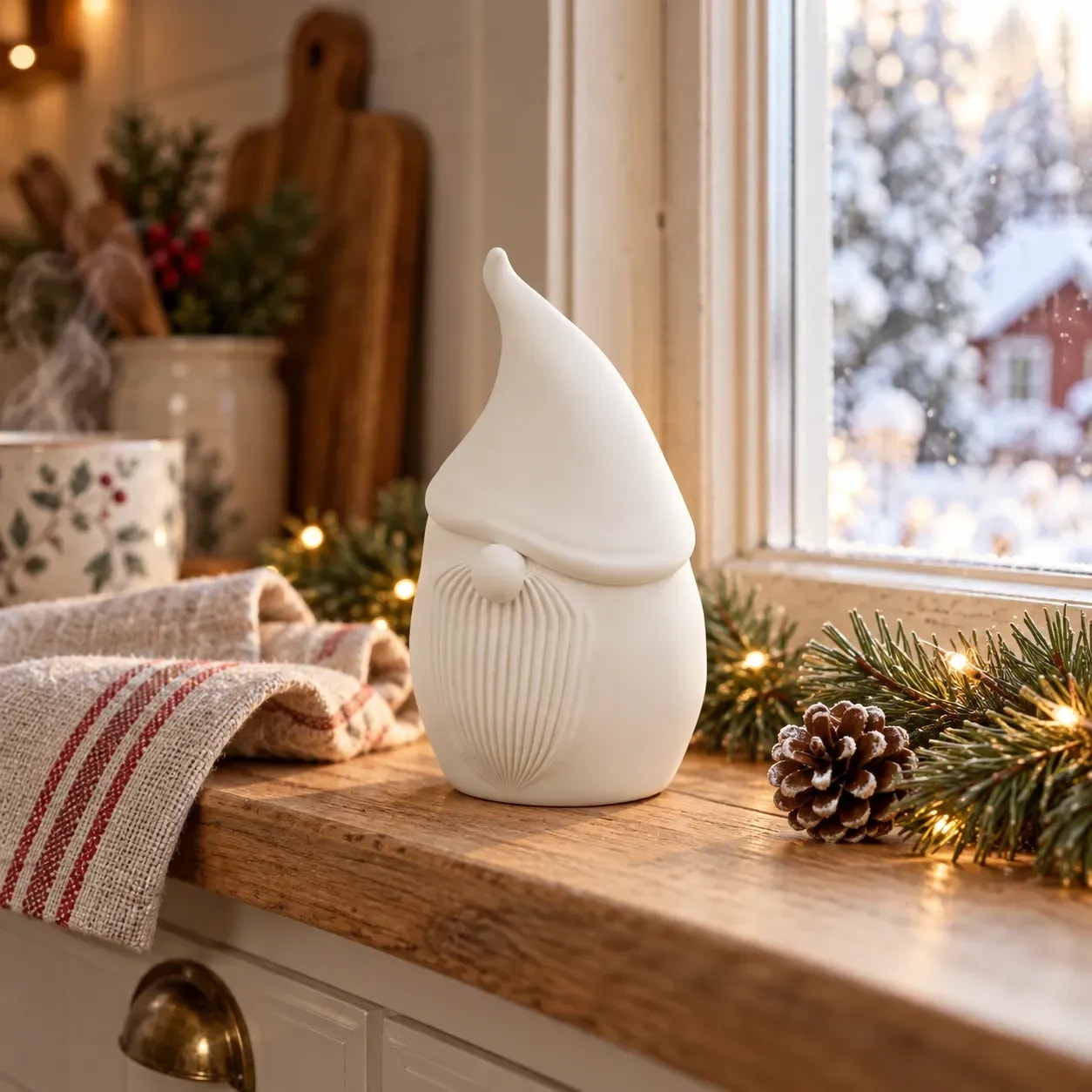 NORD in Creme auf der Küchenablage am Fenster, draussen Schnee