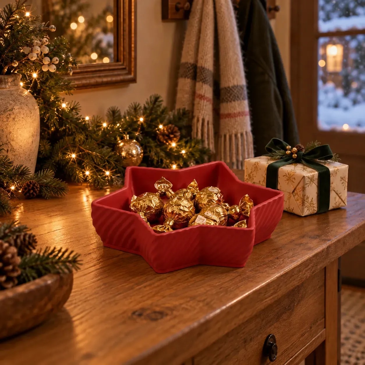 STELLA in Dunkelrot mit eingepackten Pralinen auf einem Holztisch, daneben ein Geschenk