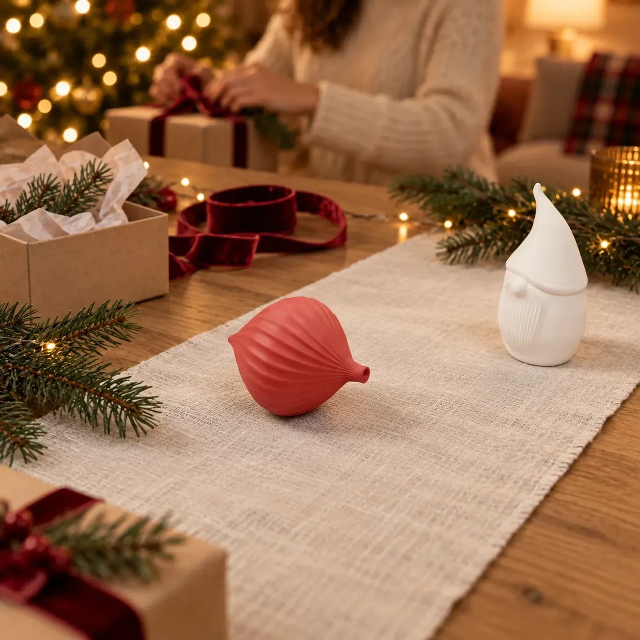 TAU Tropfen in Dunkelrot auf einem Tischläufer zwischen Geschenken, daneben NORD