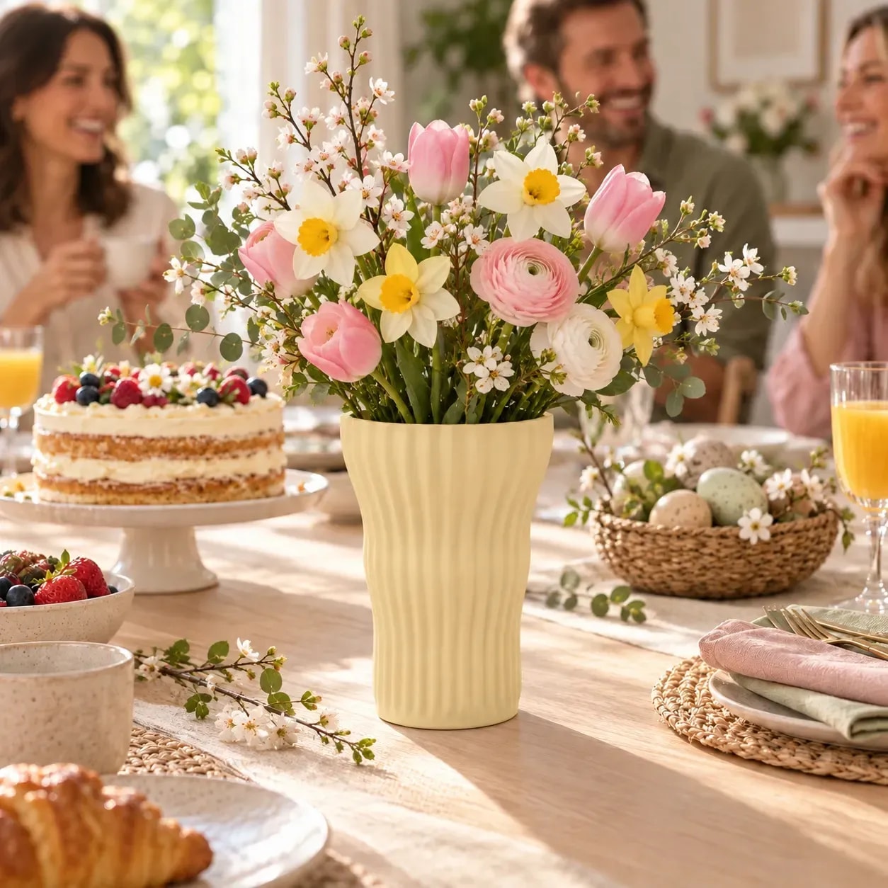 VELORA CALA in Mandelgelb mit Tulpen und Narzissen beim Osterbrunch