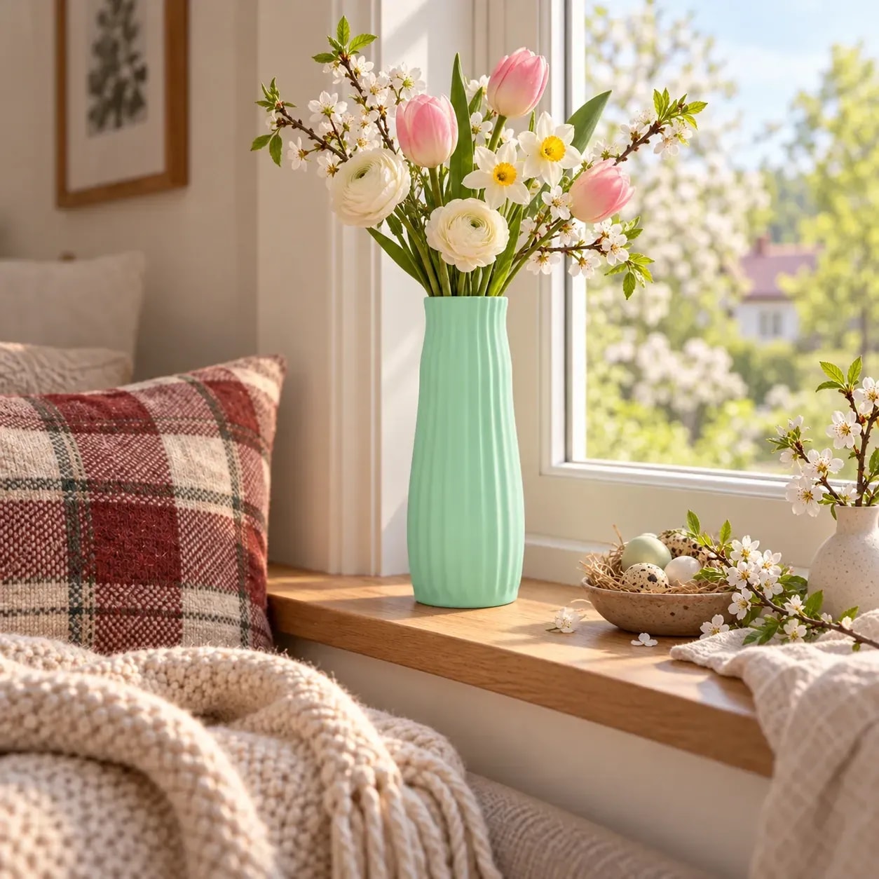 VELORA LINA in Mint mit Frühlingsblumen auf der Fensterbank