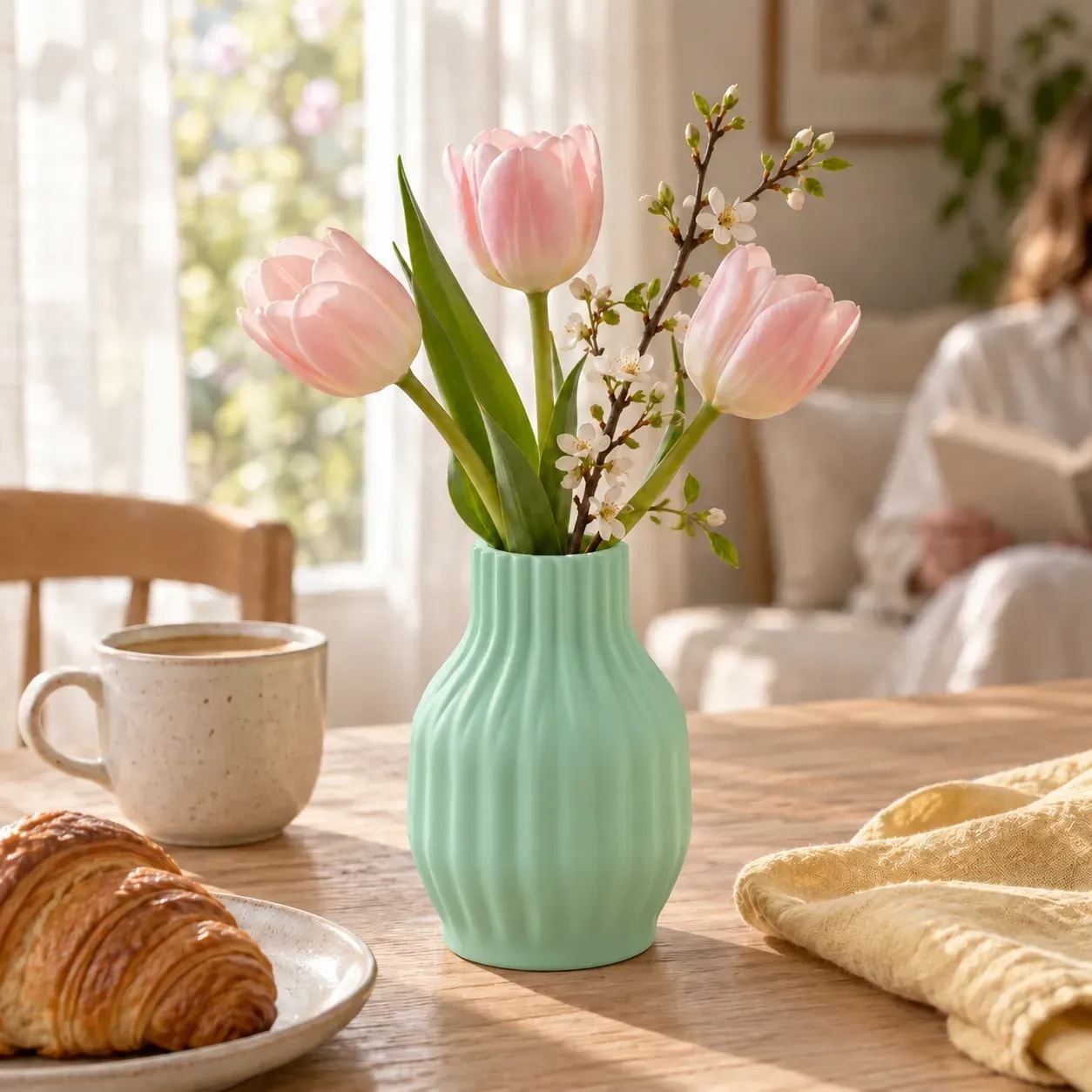 VELORA MILA in Mint mit Tulpen auf dem Frühstückstisch