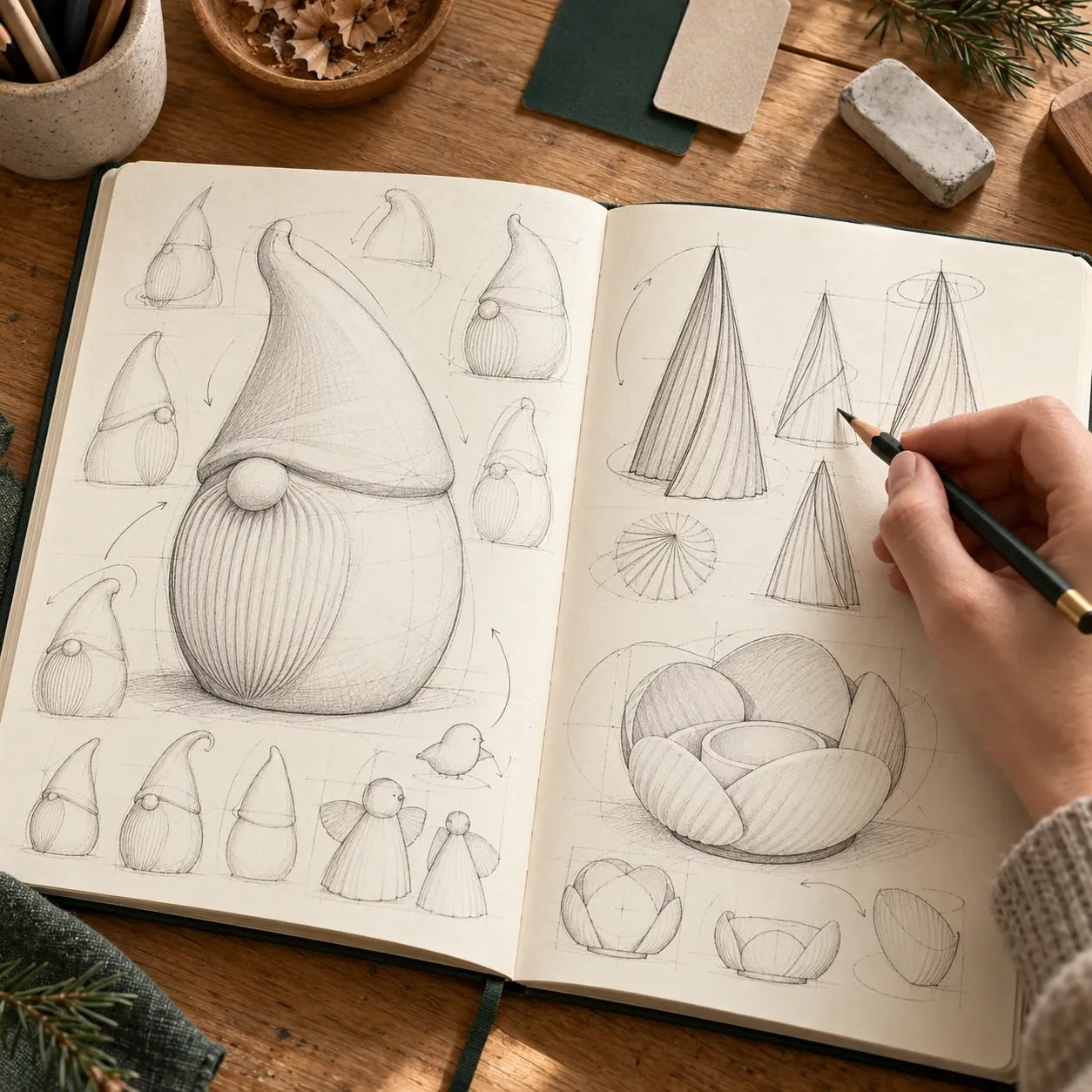 KI-Illustration: Skizzenbuch mit Entwürfen für NORD, Tannen, Blütenhalter und weitere mögliche Winterfiguren.