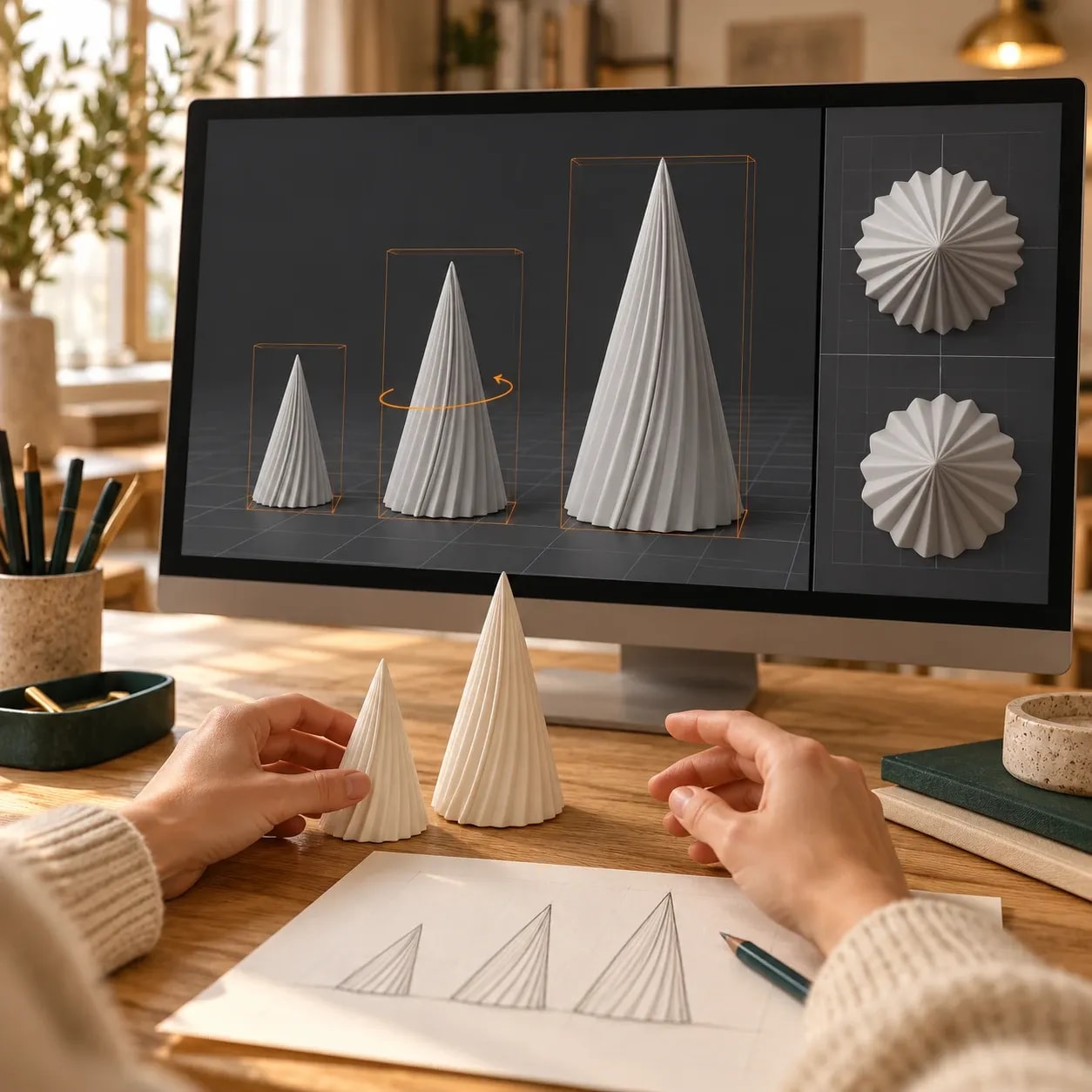 KI-Illustration: HAIN in drei Grössen im digitalen Modellvergleich, mit zwei hellen Prototypen vor dem Bildschirm.